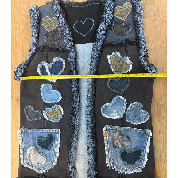 Vintage Denim Distressed Heart Valentine Vest Pockets Black Blue‎ - Picture 7 of 8